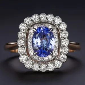 1ct BLUE TANZANITE DIAMOND COCKTAIL RING VINTAGE STYLE DOUBLE HALO 14k ROSE GOLD