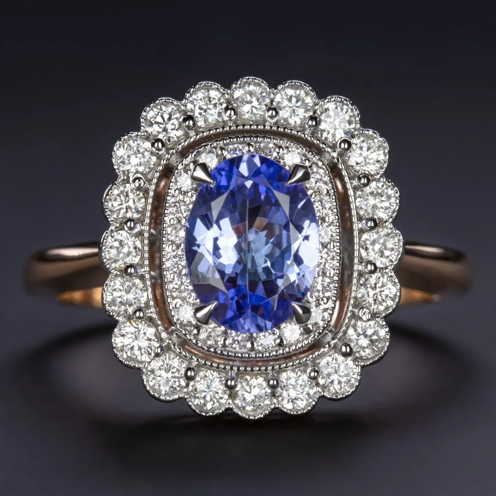 1ct BLUE TANZANITE DIAMOND COCKTAIL RING VINTAGE STYLE DOUBLE HALO 14k ROSE GOLD