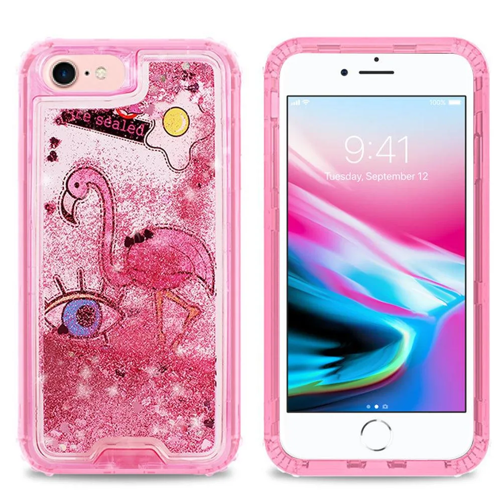 Apple iPhone 8 / iPhone 7 / iPhone 6/6S Designer Transparent Defender Flowing Liquid Glitter Owl/Flamingo/Hearts Case by Modes
