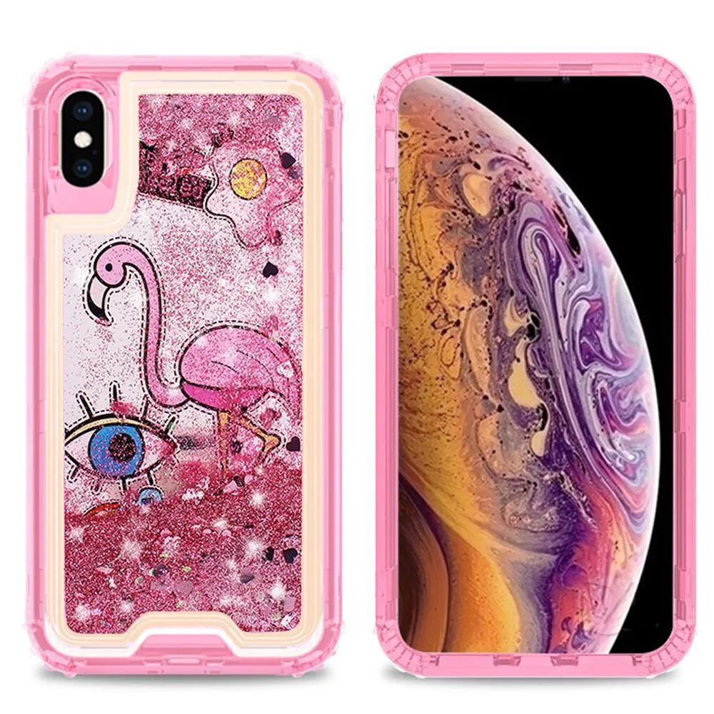 Apple iPhone XS / iPhone X Designer Transparent Defender Flowing Liquid Glitter Owl/Flamingo/Hearts Case by Modes