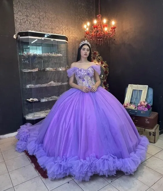 Ball Gown Organza Off-the-Shoulder  Purple Quinceanera Dress
