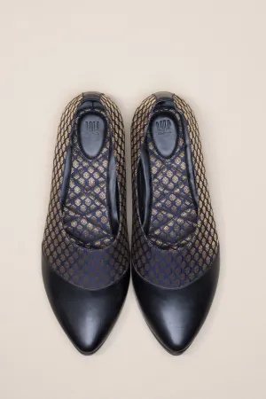 Blue And Gold Brocade and Black Leather Mojari