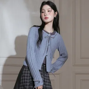 Blue Ribbon Woolen Cardigan Two-Piece Set