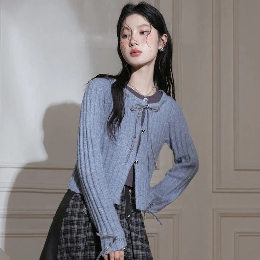 Blue Ribbon Woolen Cardigan Two-Piece Set