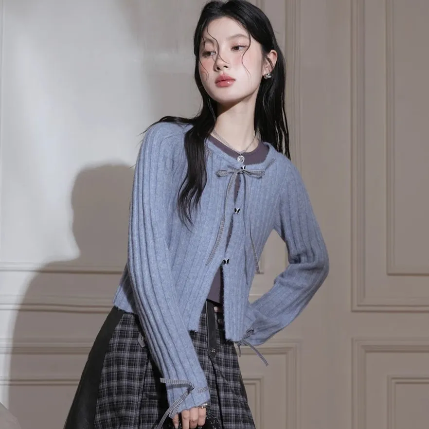Blue Ribbon Woolen Cardigan Two-Piece Set