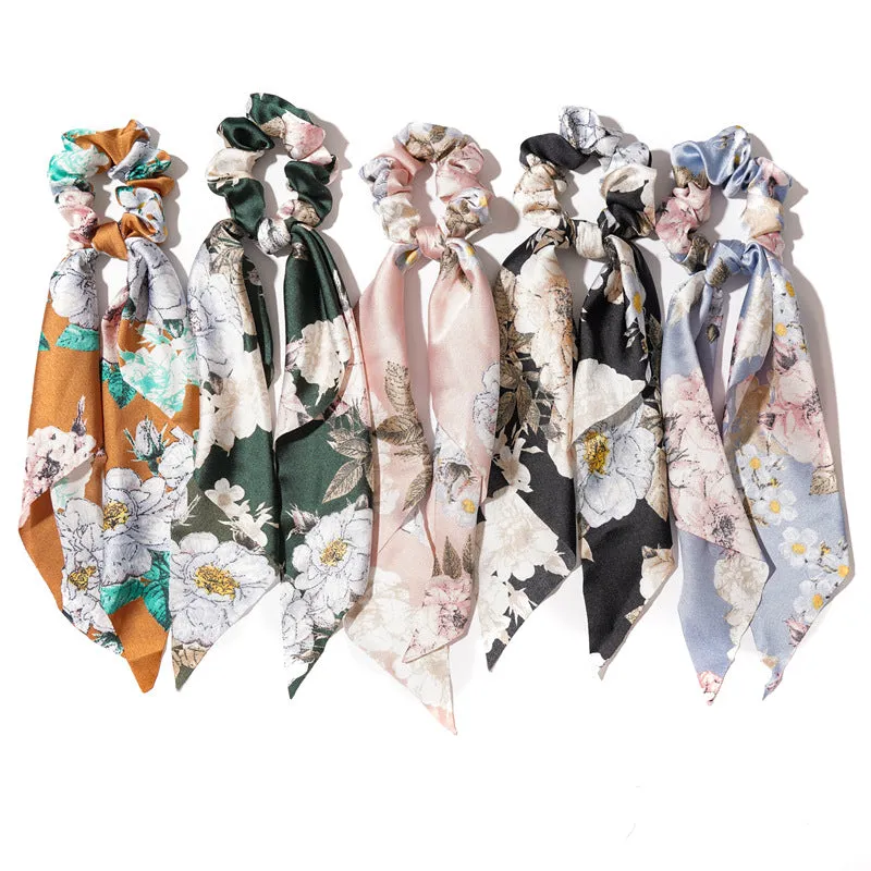 Chiffon Big Floral Print Ponytail Scarf Bow Scrunchies