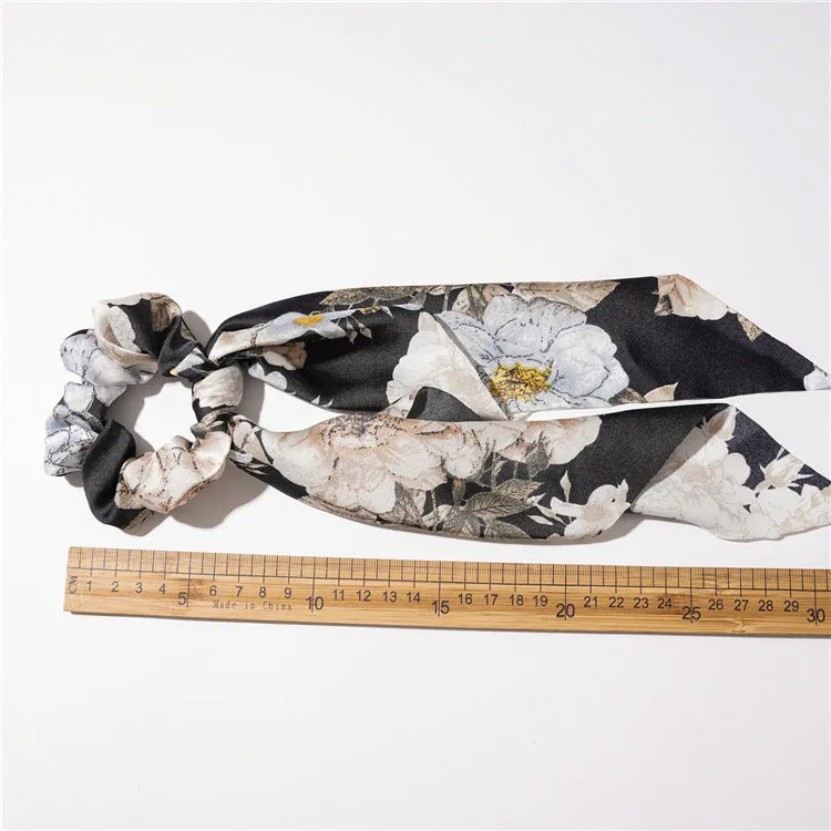 Chiffon Big Floral Print Ponytail Scarf Bow Scrunchies