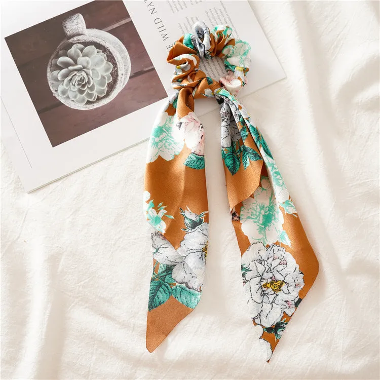 Chiffon Big Floral Print Ponytail Scarf Bow Scrunchies
