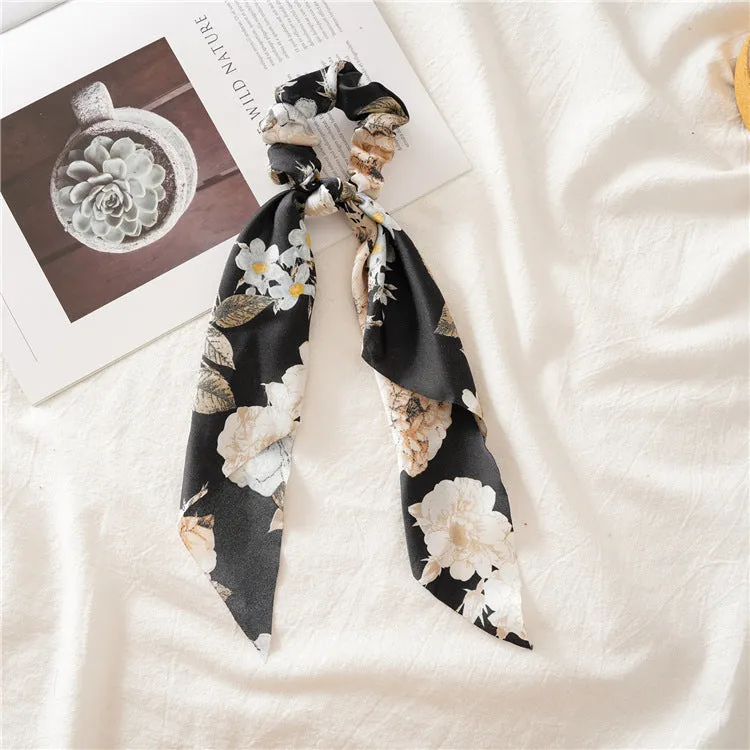 Chiffon Big Floral Print Ponytail Scarf Bow Scrunchies