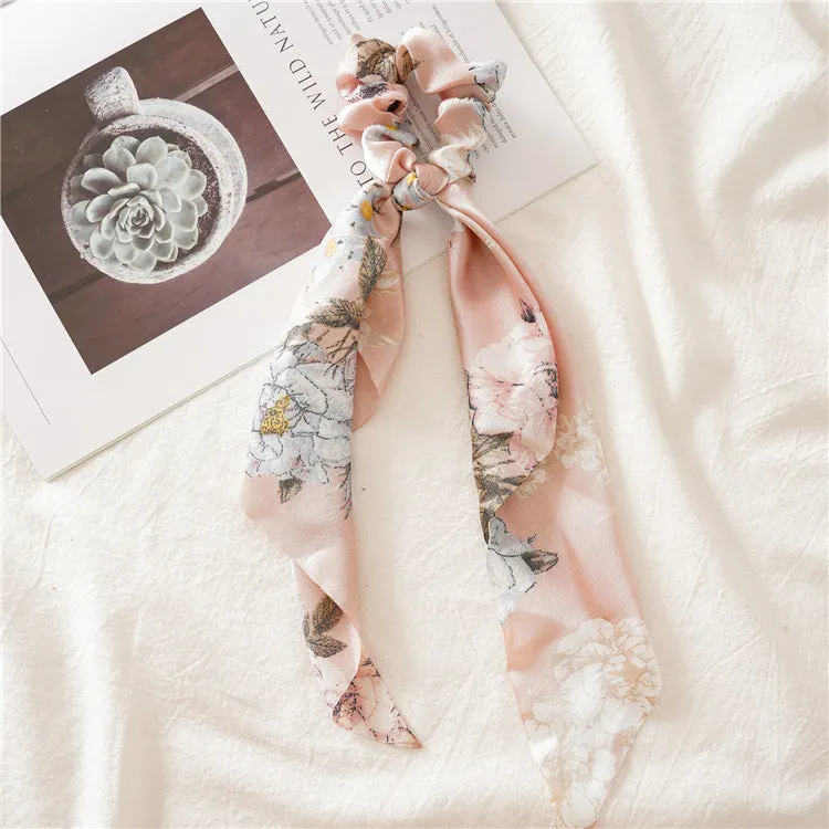 Chiffon Big Floral Print Ponytail Scarf Bow Scrunchies
