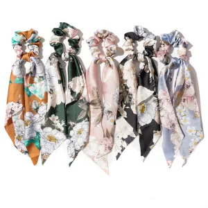 Chiffon Big Floral Print Ponytail Scarf Bow Scrunchies