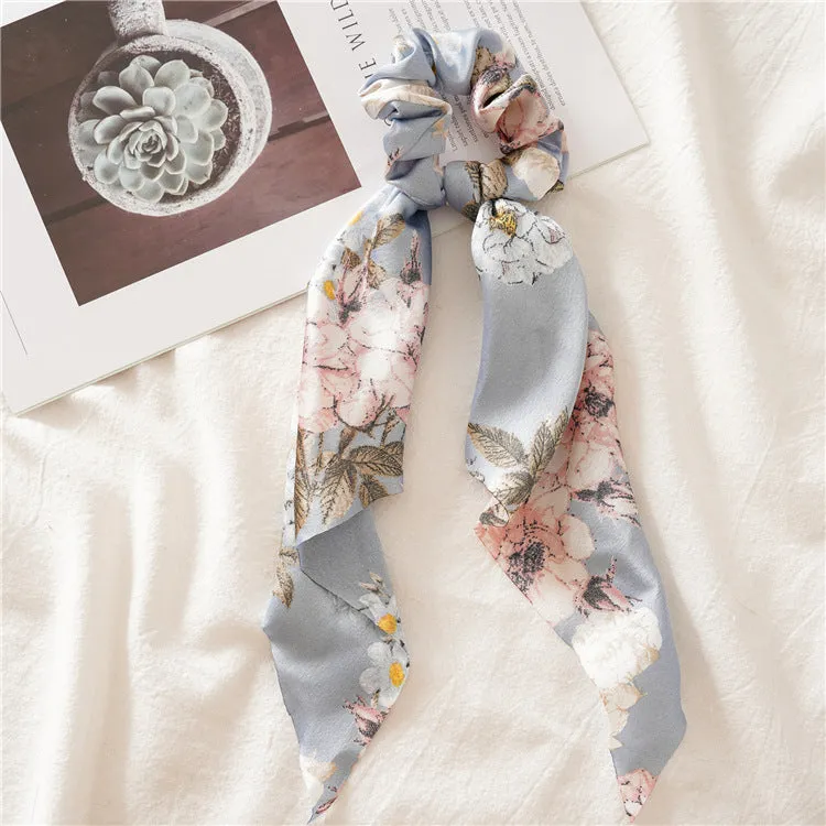 Chiffon Big Floral Print Ponytail Scarf Bow Scrunchies