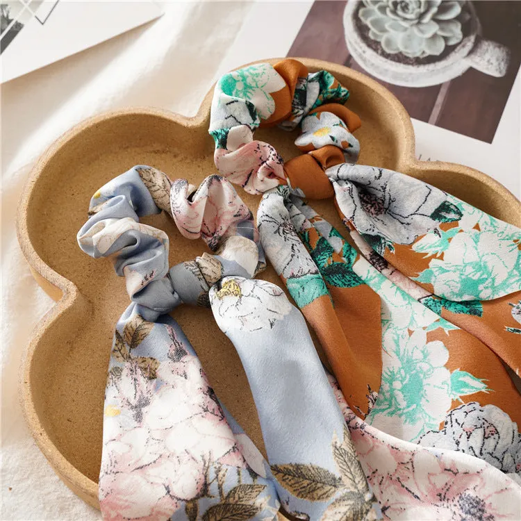 Chiffon Big Floral Print Ponytail Scarf Bow Scrunchies