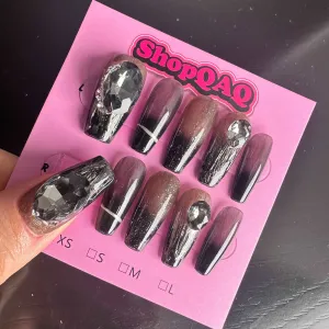 Dark Night Enchantress Handcrafted Press-On Nails - Aurora Black Gemstone Gradient, Dark Femme Fatale Style