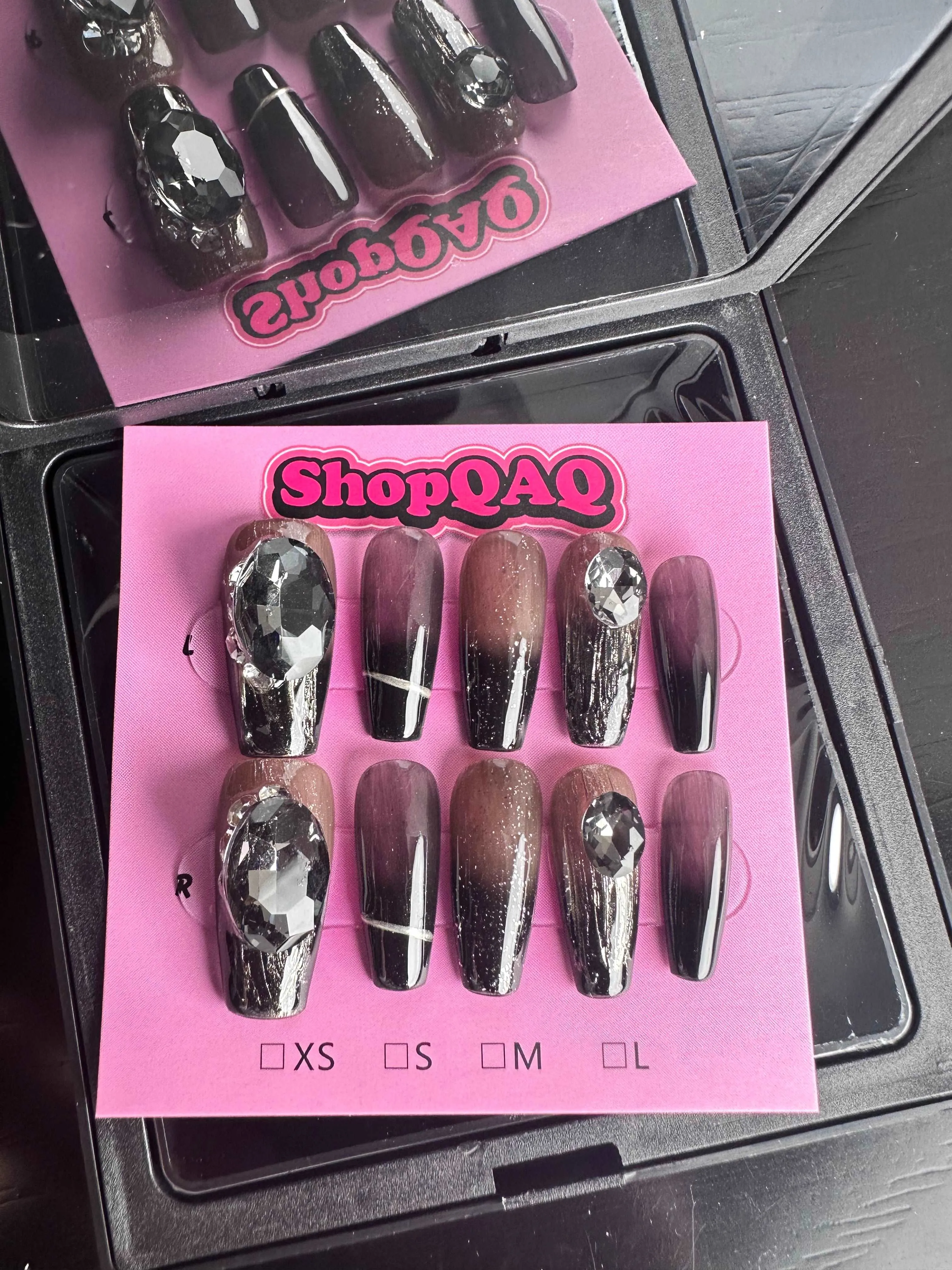 Dark Night Enchantress Handcrafted Press-On Nails - Aurora Black Gemstone Gradient, Dark Femme Fatale Style
