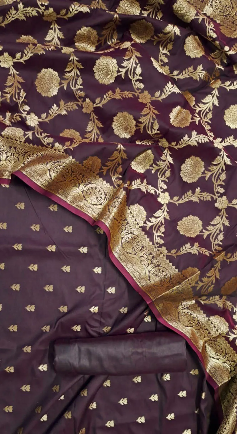 Elegant Maroon Banarasi Silk Unstitched Suit Set