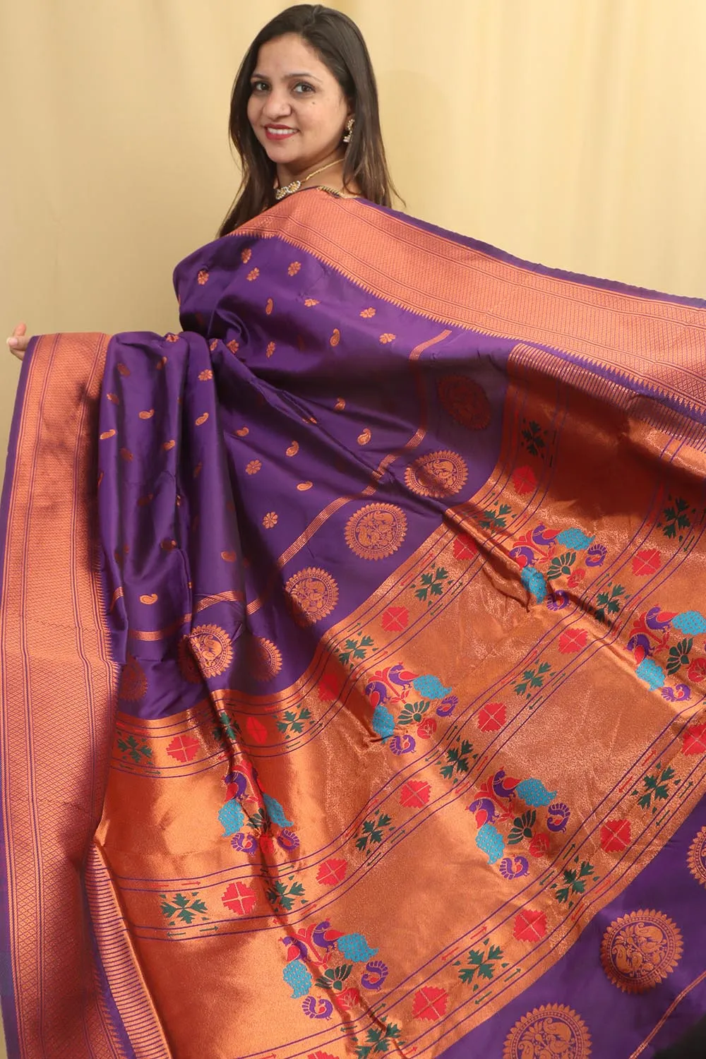 Elegant Purple Paithani Silk Saree With Maharani Pallu