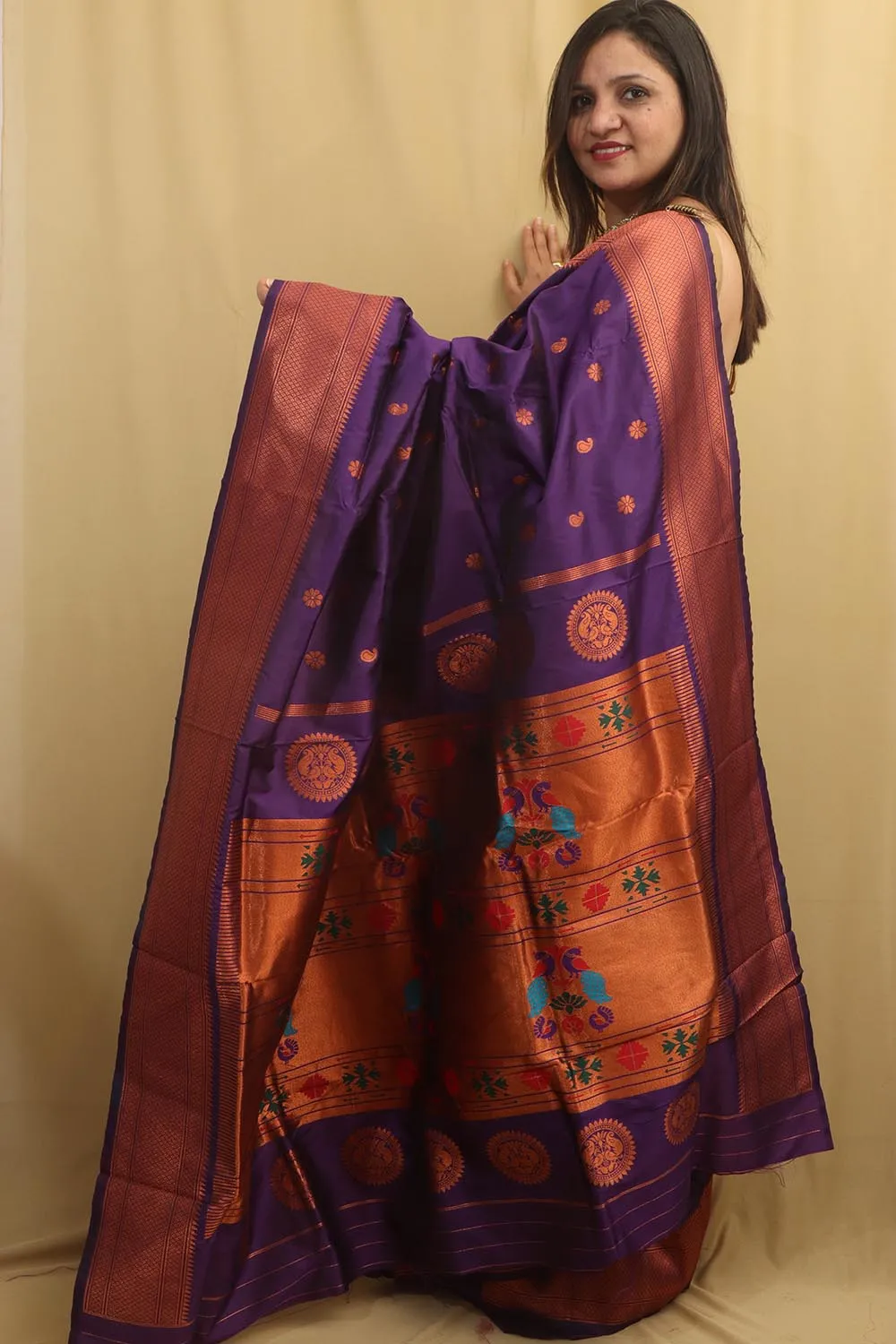 Elegant Purple Paithani Silk Saree With Maharani Pallu