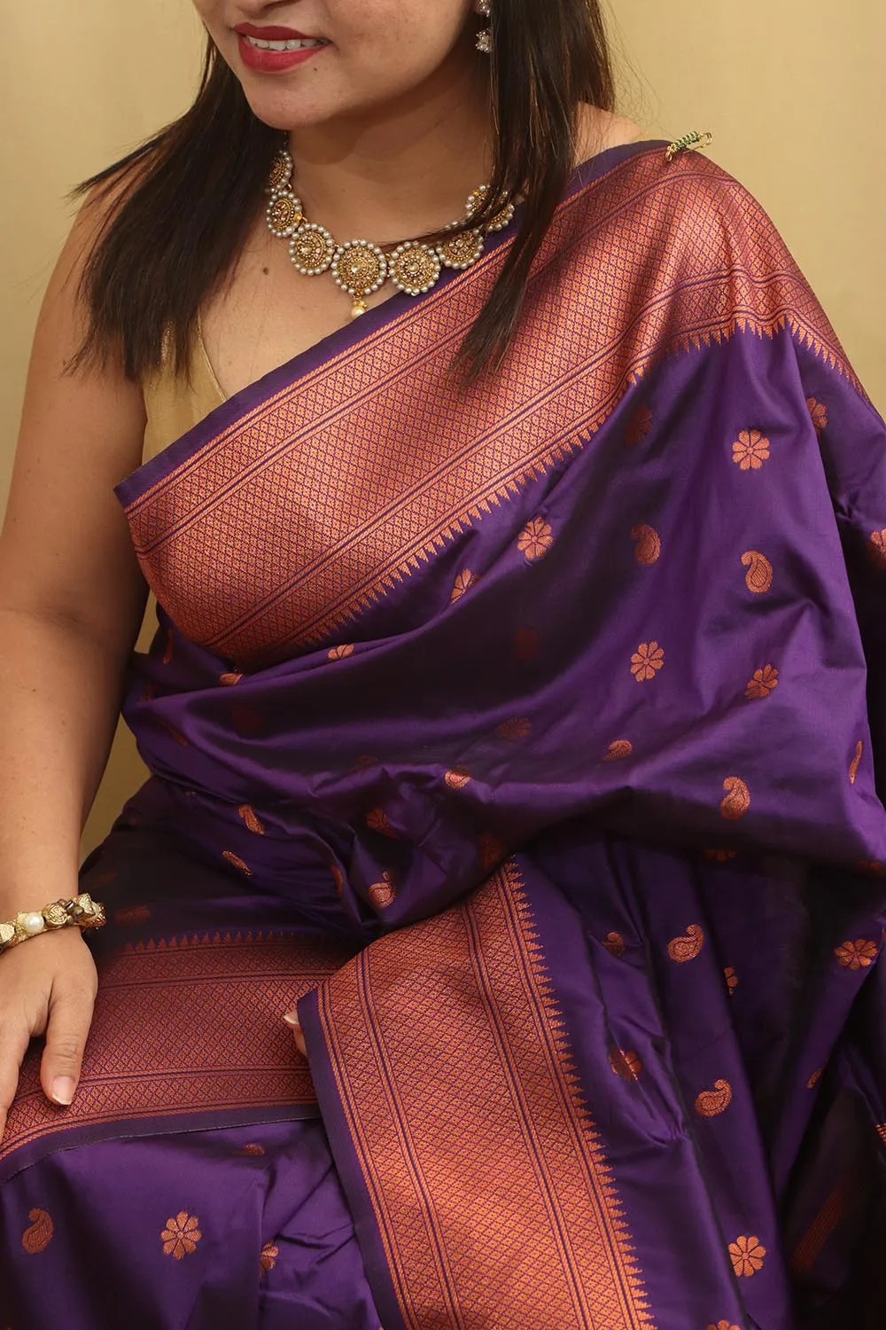 Elegant Purple Paithani Silk Saree With Maharani Pallu