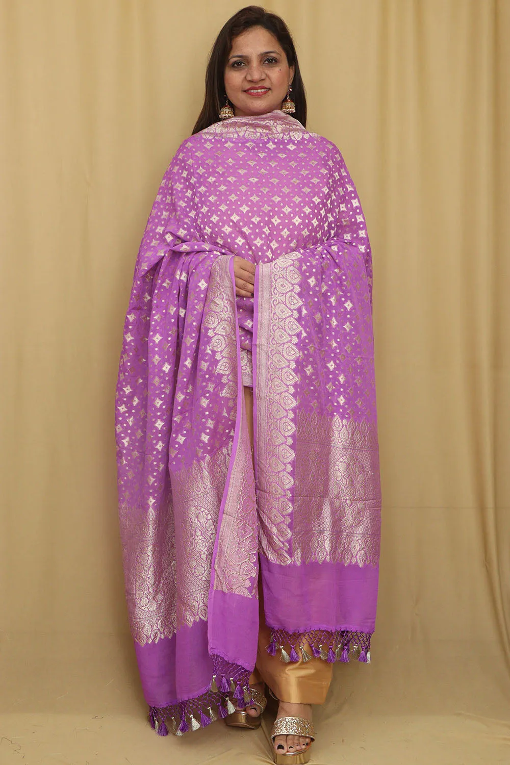 Exquisite Purple Banarasi Handloom Pure Georgette Dupatta
