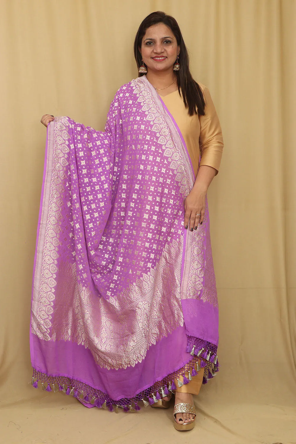 Exquisite Purple Banarasi Handloom Pure Georgette Dupatta
