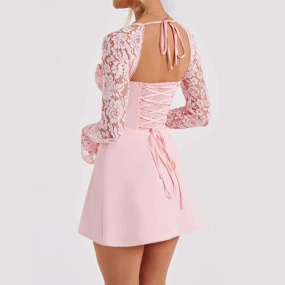Fashion Corset Lace Long Sleeve Dress Sexy Backless Lace Up Short Dresses Women's Clothing
