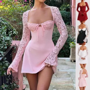 Fashion Corset Lace Long Sleeve Dress Sexy Backless Lace Up Short Dresses Women's Clothing