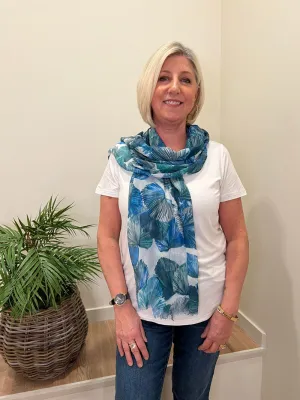 Gingko Leaf Print Scarf Blue