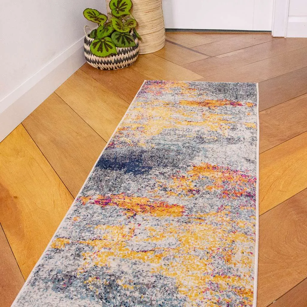 Gold Blue Distressed Living Room Rug - Mia