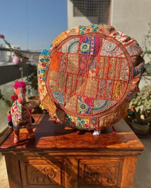 ONLY CHAIR PAD COVER | Vibrant Orange Patchwork Pouf Cover | 31.5 inches