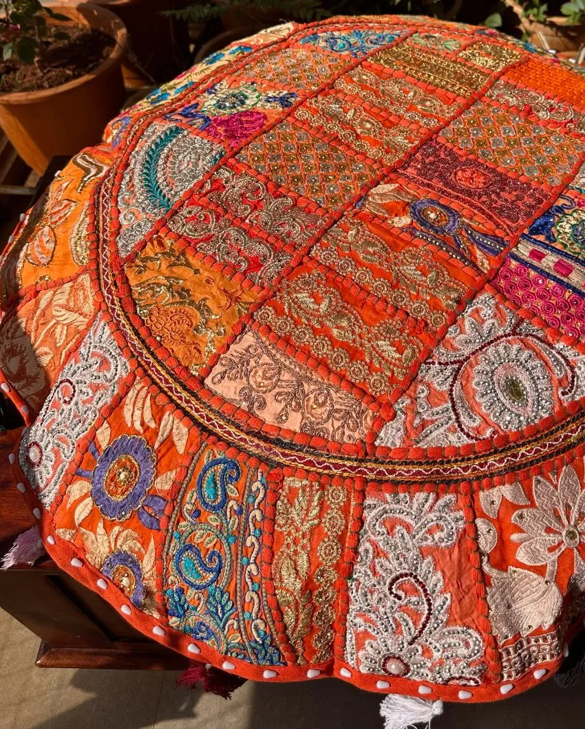 ONLY CHAIR PAD COVER | Vibrant Orange Patchwork Pouf Cover | 31.5 inches