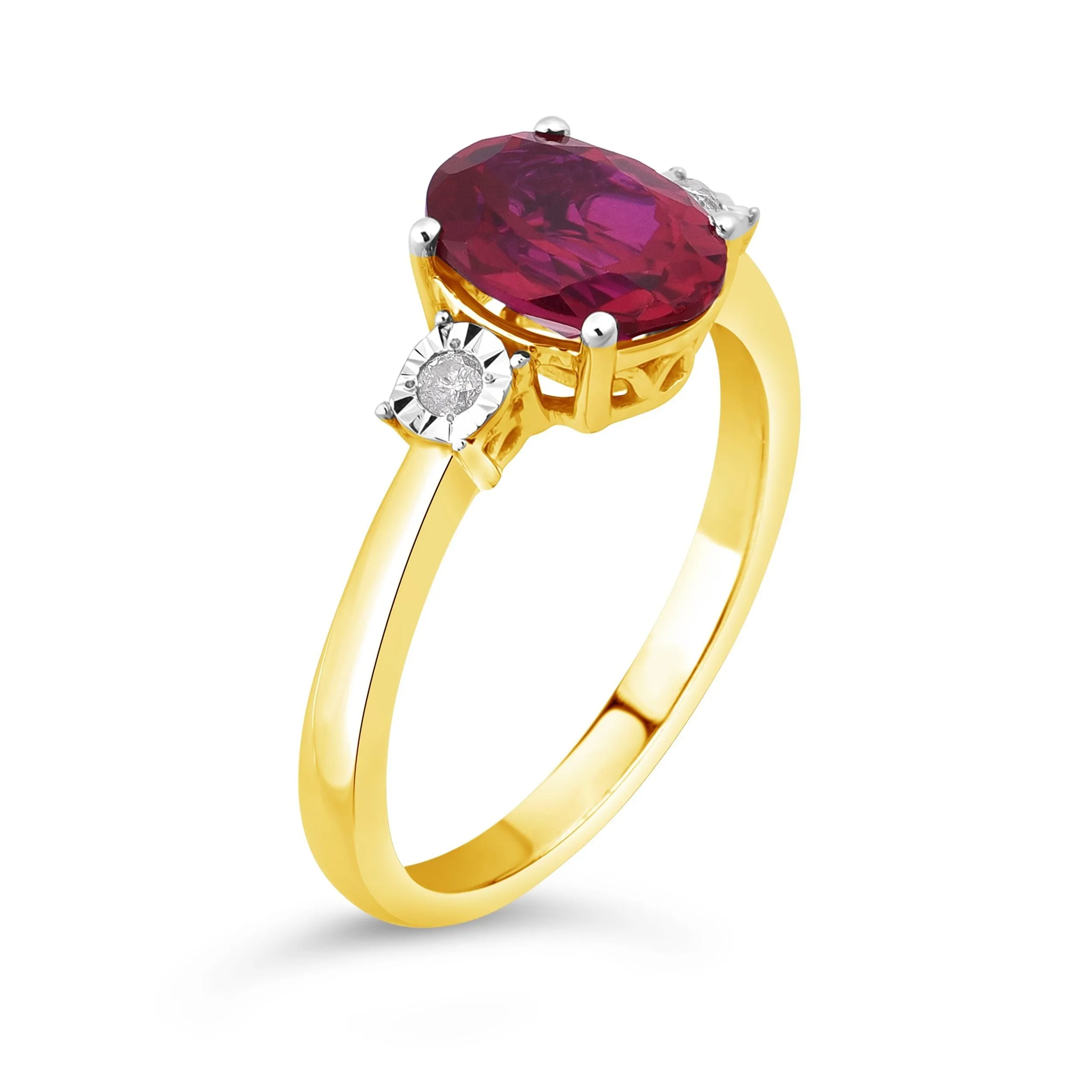 Oval Created Ruby Ring with 0.05ct of Diamonds in 9ct Yellow Gold