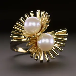 PEARL 14k YELLOW GOLD COCKTAIL RING TOI ET MOI STATEMENT BIG MID CENTURY ESTATE