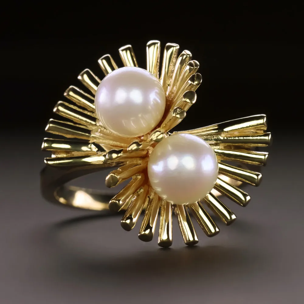 PEARL 14k YELLOW GOLD COCKTAIL RING TOI ET MOI STATEMENT BIG MID CENTURY ESTATE