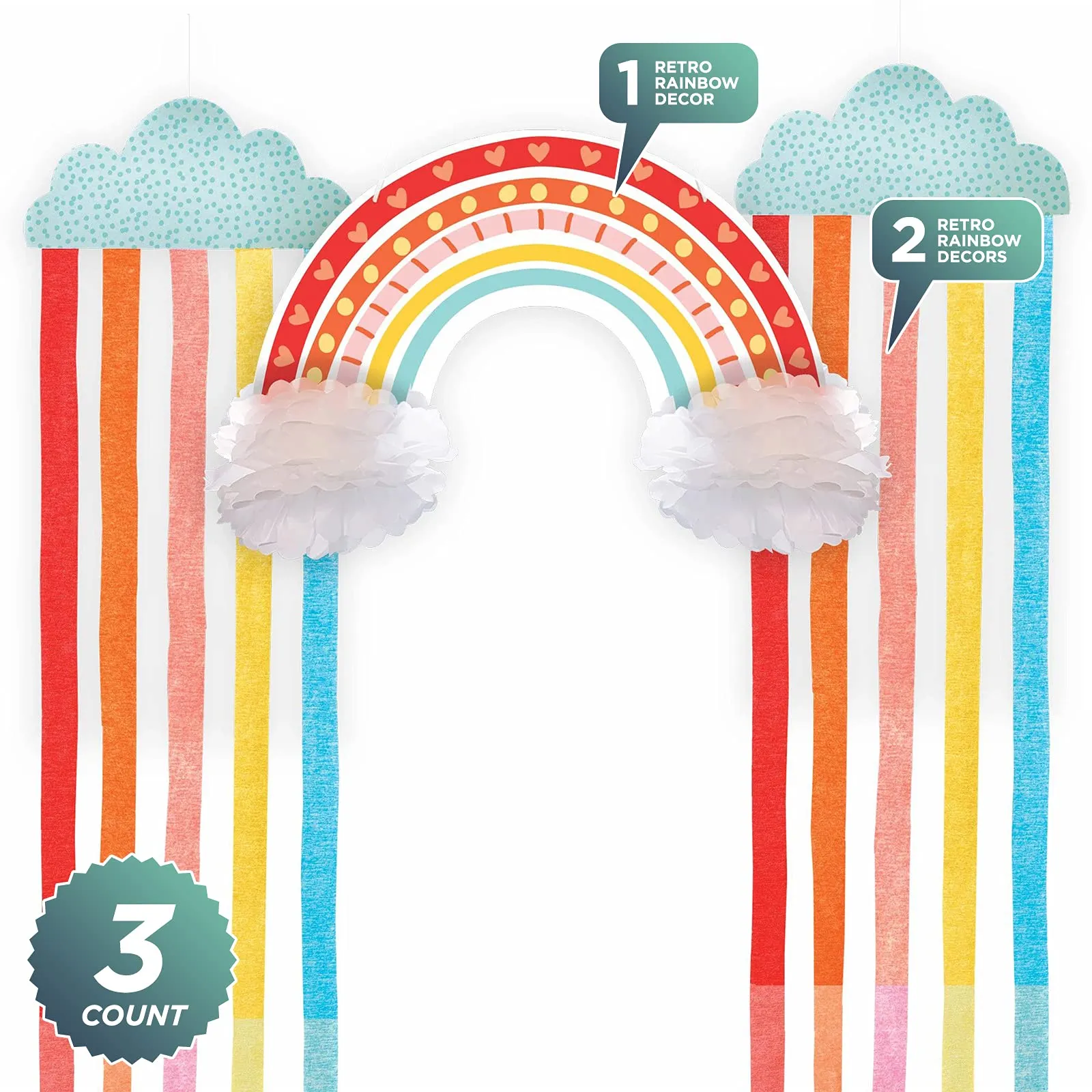 Retro Rainbow Party Large Hanging Decorations Kit (3 Piece Set)