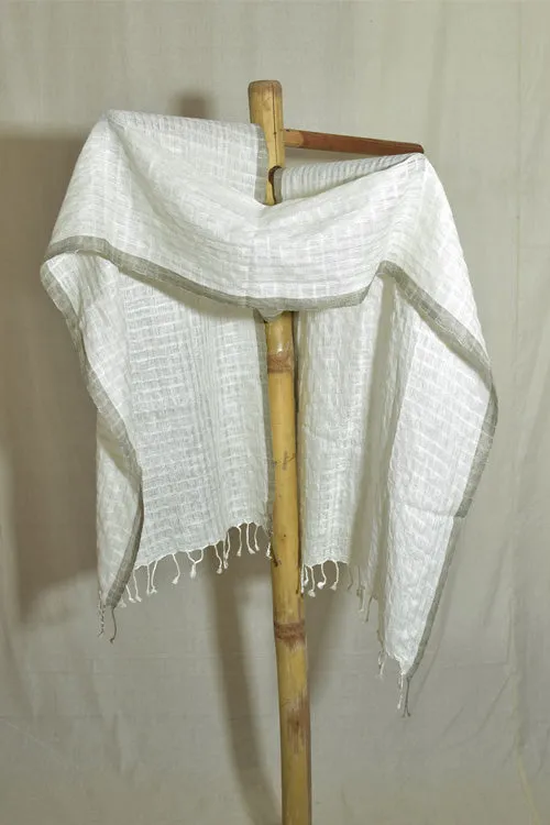 Silk Linen Stole | White With Grey Border