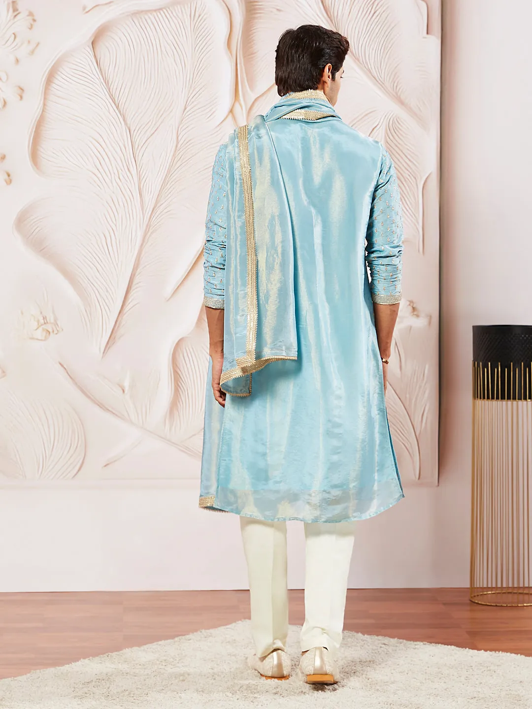 VASTRAMAY Men's Aqua Tissue Silk Kurta Pyjama And Dupatta Set