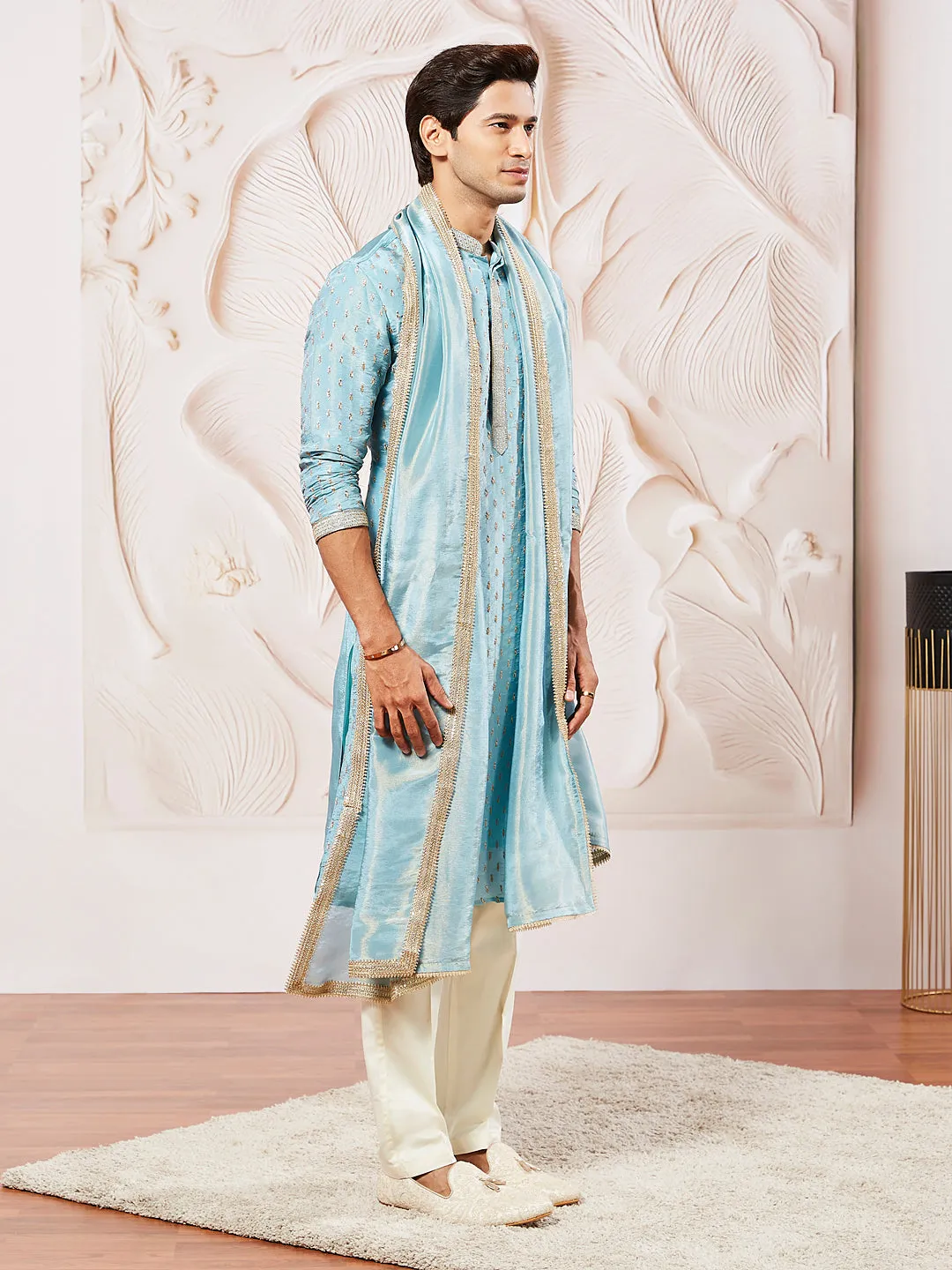 VASTRAMAY Men's Aqua Tissue Silk Kurta Pyjama And Dupatta Set