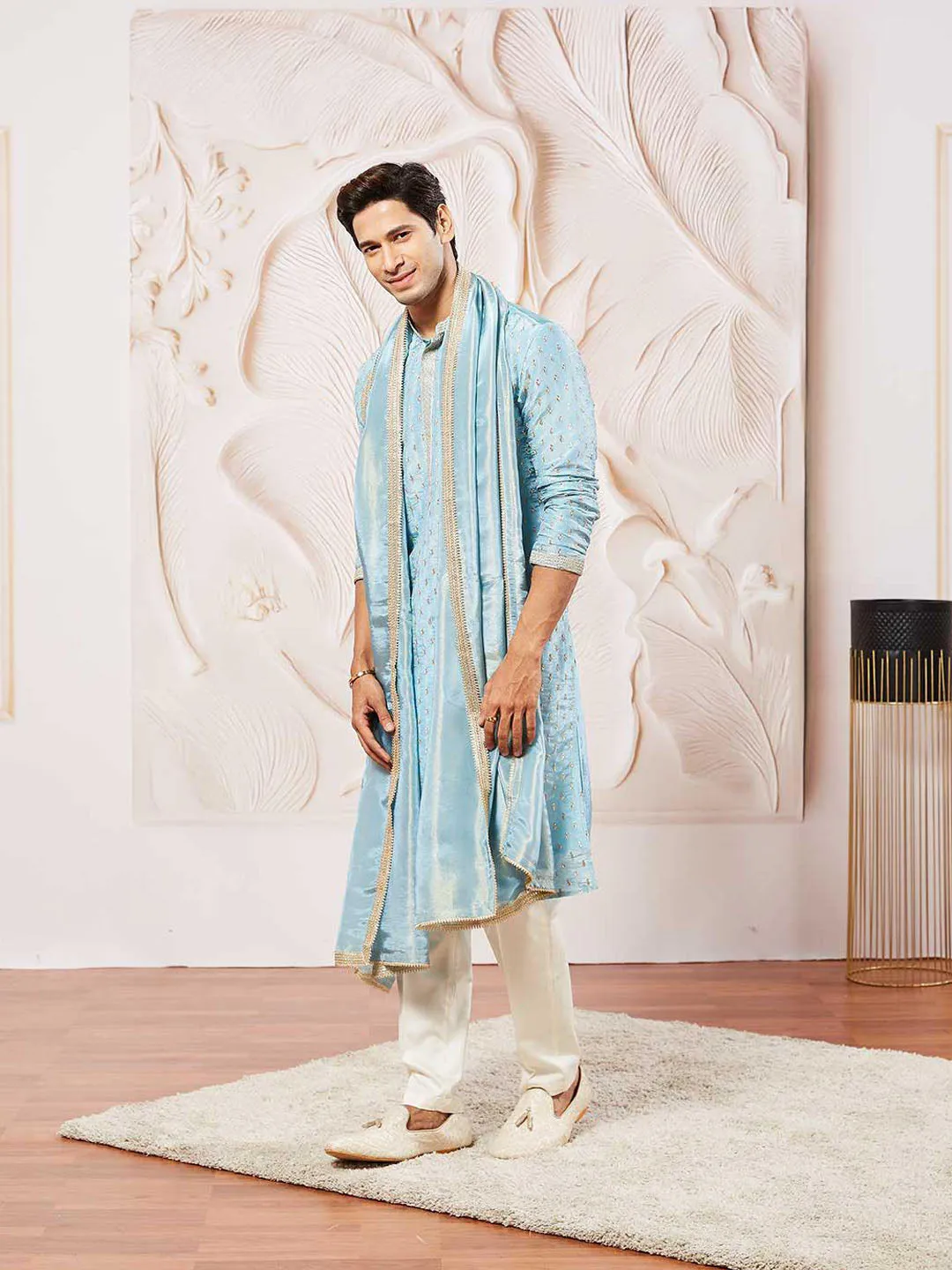 VASTRAMAY Men's Aqua Tissue Silk Kurta Pyjama And Dupatta Set