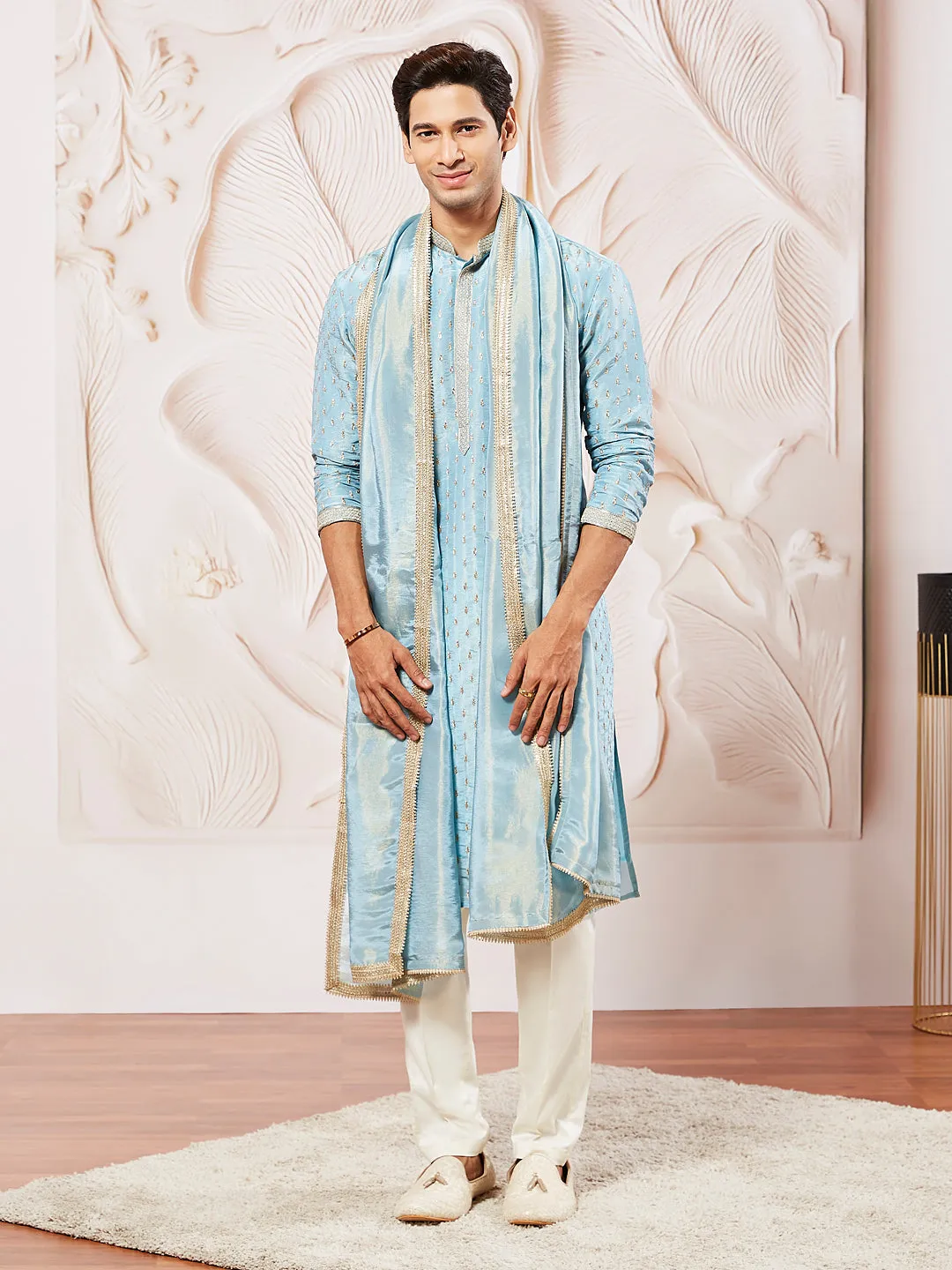 VASTRAMAY Men's Aqua Tissue Silk Kurta Pyjama And Dupatta Set