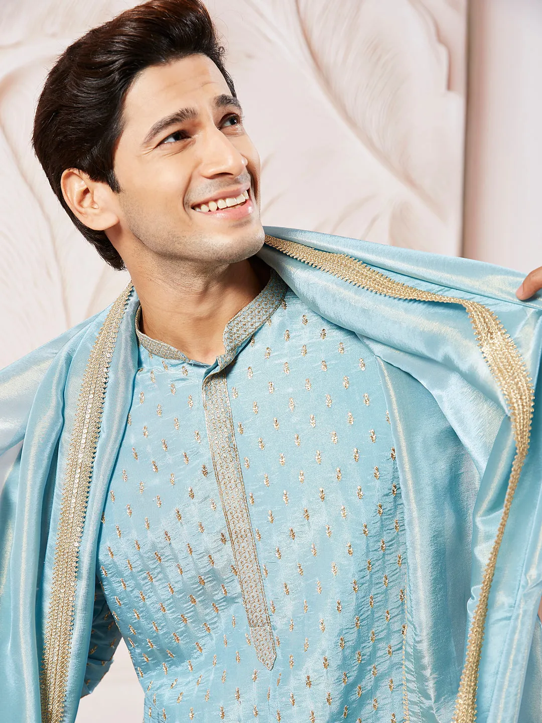 VASTRAMAY Men's Aqua Tissue Silk Kurta Pyjama And Dupatta Set