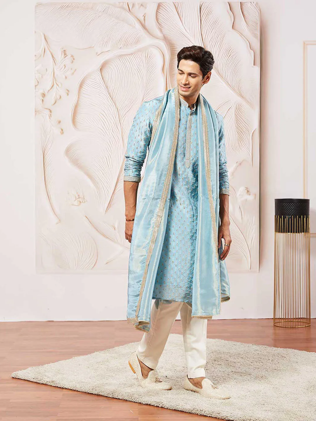 VASTRAMAY Men's Aqua Tissue Silk Kurta Pyjama And Dupatta Set