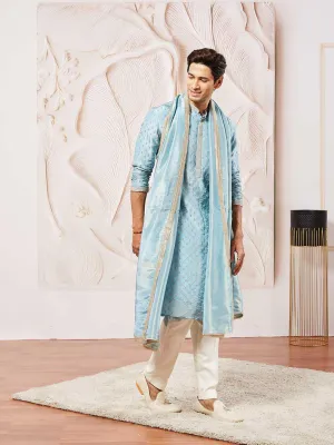 VASTRAMAY Men's Aqua Tissue Silk Kurta Pyjama And Dupatta Set