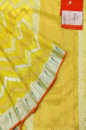 Vibrant Yellow and Orange Zari Saree