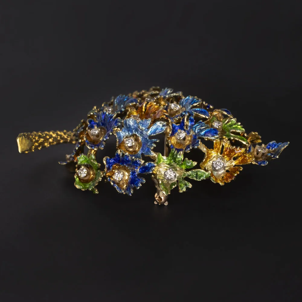 VINTAGE DIAMOND ENAMEL LEAF PIN 28gm 18k YELLOW GOLD BROOCH PINECONE PENDANT