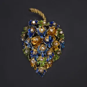 VINTAGE DIAMOND ENAMEL LEAF PIN 28gm 18k YELLOW GOLD BROOCH PINECONE PENDANT
