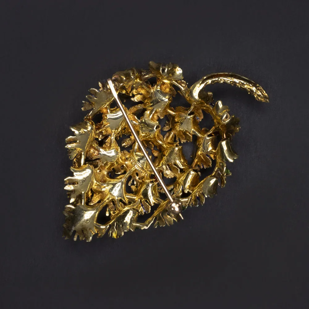 VINTAGE DIAMOND ENAMEL LEAF PIN 28gm 18k YELLOW GOLD BROOCH PINECONE PENDANT