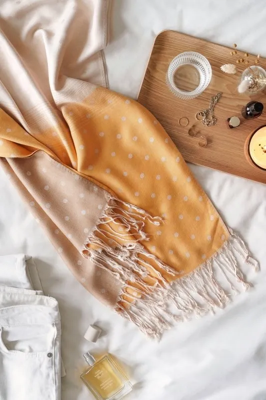 Xander Kostroma - Sunshine Yellow Cream Mix Polka Dot Ombre Tassel Pashmina for Women - Soft and Luxurious Coverup or Scarf - 70cm x 190cm - Ideal Gift for Elegance and Style