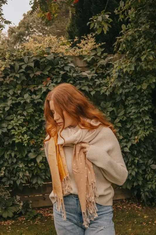 Xander Kostroma - Sunshine Yellow Cream Mix Polka Dot Ombre Tassel Pashmina for Women - Soft and Luxurious Coverup or Scarf - 70cm x 190cm - Ideal Gift for Elegance and Style