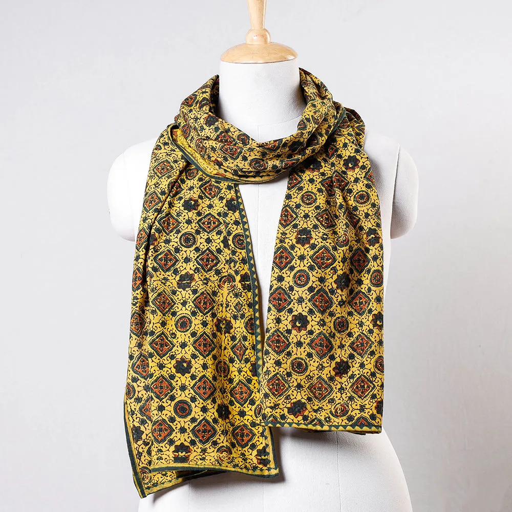 Yellow - Ajrakh Block printed Contrast Border Cotton Stole